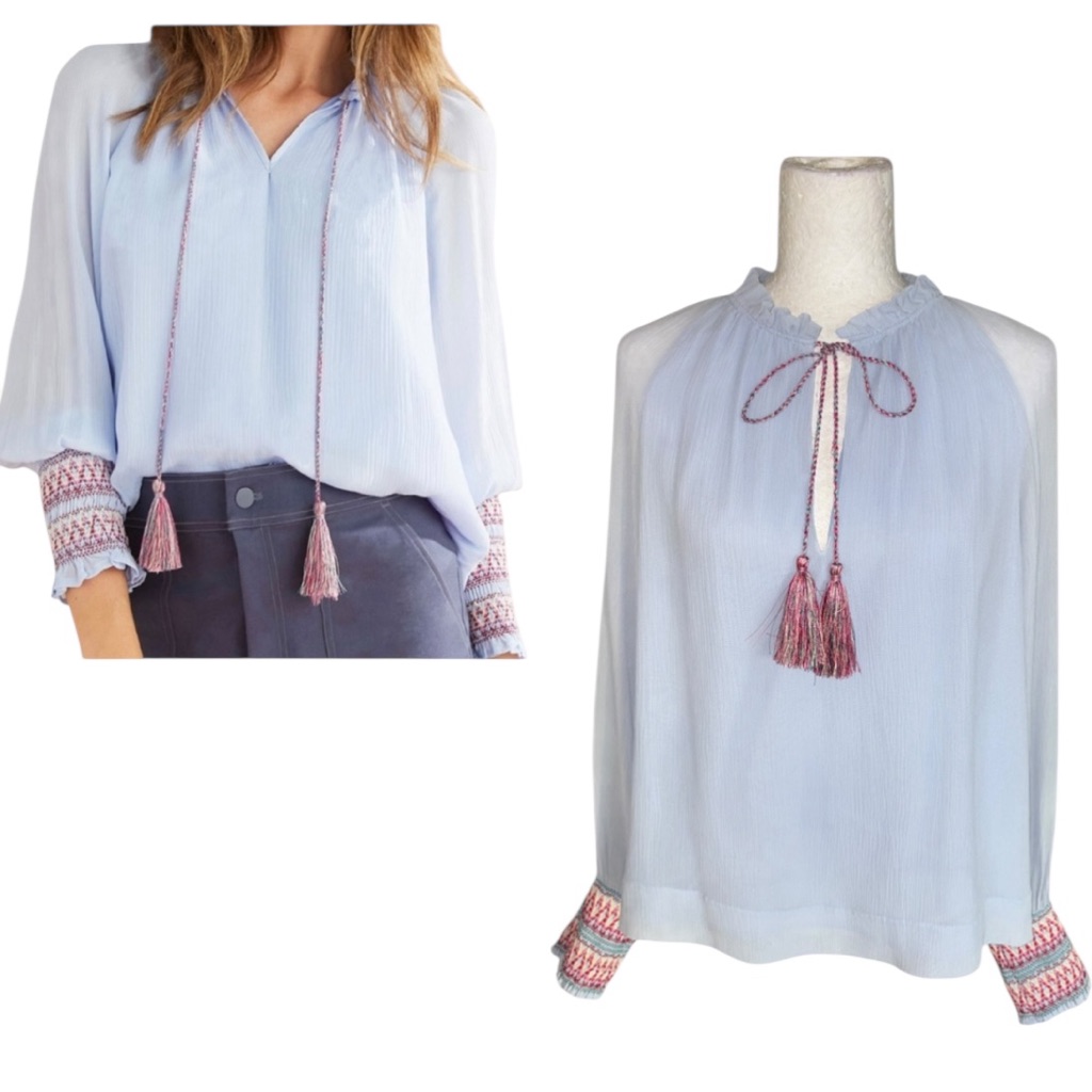 Marie Oliver Silk Sky Blue Tie Neck Tassel Embroidered Smocked Sleeve Blouse M